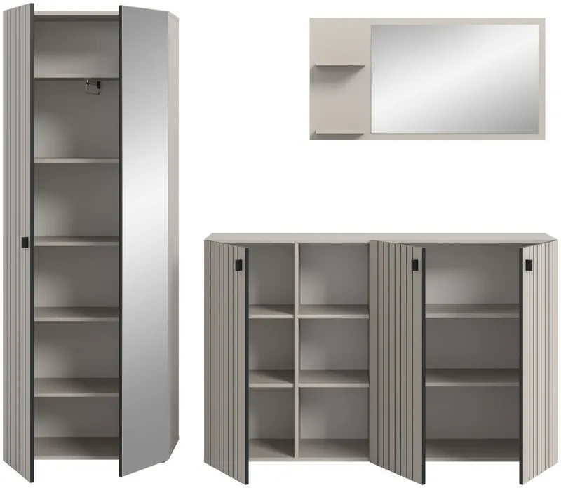 xonox.home Garderoben-Set, (3-tlg. Garderobenschrank, Schuhkommode & Garderobenspiegel), in Kaschmir Nachbildung B/H/T ca.: 235/192/37 cm, Braun, – Produktbild 3 von 5