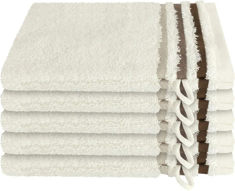 Schiesser Schiesser Waschhandschuh Skyline Color aus 100 % Baumwolle mit eleganter Streifenbordüre, (5-St), OEKO-TEX® MADE IN GREEN, Beige, – Produktbild 2 von 6