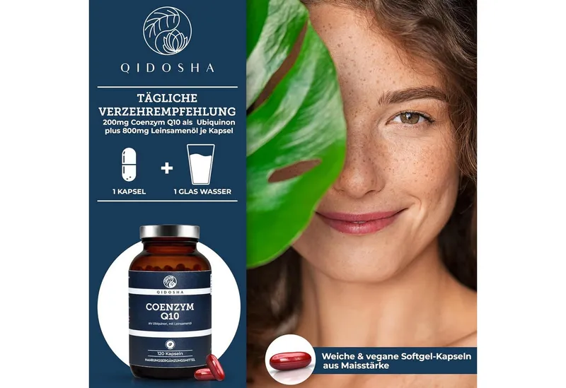 QIDOSHA Coenzym Q10 (Ubiquinon) mit Leinsamenöl Kapseln, 120 St., 174 g, Fermentiertes Coenzym Q10 – Produktbild 3 von 5