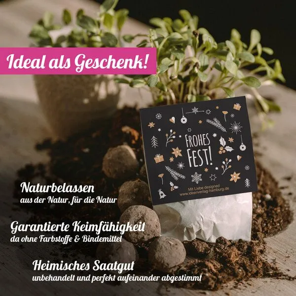Ideenverlag Hamburg Ideenverlag Hamburg 10 „Frohes Fest“ Samenbomben im Tütchen mit Kaltkeimer-Saatgut + 10 Geschenk Grußkarten – Produktbild 8 von 8