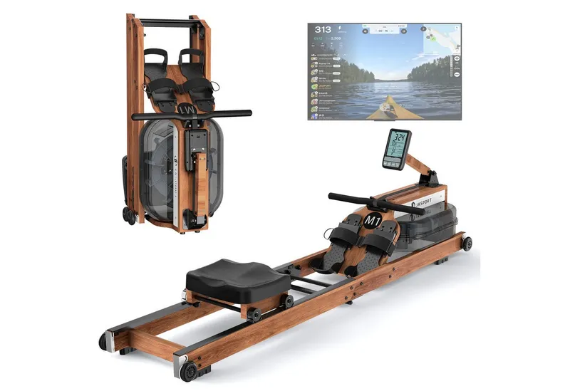 JASPORT Rudergerät M1 Wasserwiderstand aus Holz, klappbar, LCD, für Zuhause, bis 150 kg (Mit Smartphone-/Tablet-Halterung und Transportrollen), FSC-Holz, 20-l-Wassertank, Kinomap, bis 150 kg belastbar, Braun, – Produktbild 1 von 5