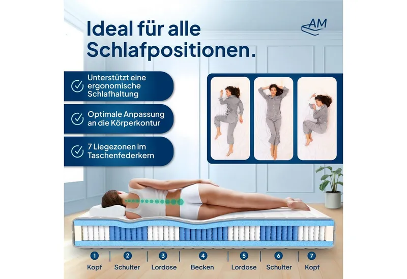 Taschenfederkernmatratze 1000 Federn, 7-Zonen Federkernmatratze, Besonders Anpassungsfähig, AM Qualitätsmatratzen, 24 cm hoch, 80x200 cm – Produktbild 2 von 7