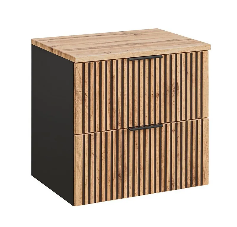 Lomadox Waschtisch XANTEN-56, anthrazit, Wotaneiche Nb., schwarze Rillen, Waschtischplatte, Braun|grau, – Produktbild 1 von 5