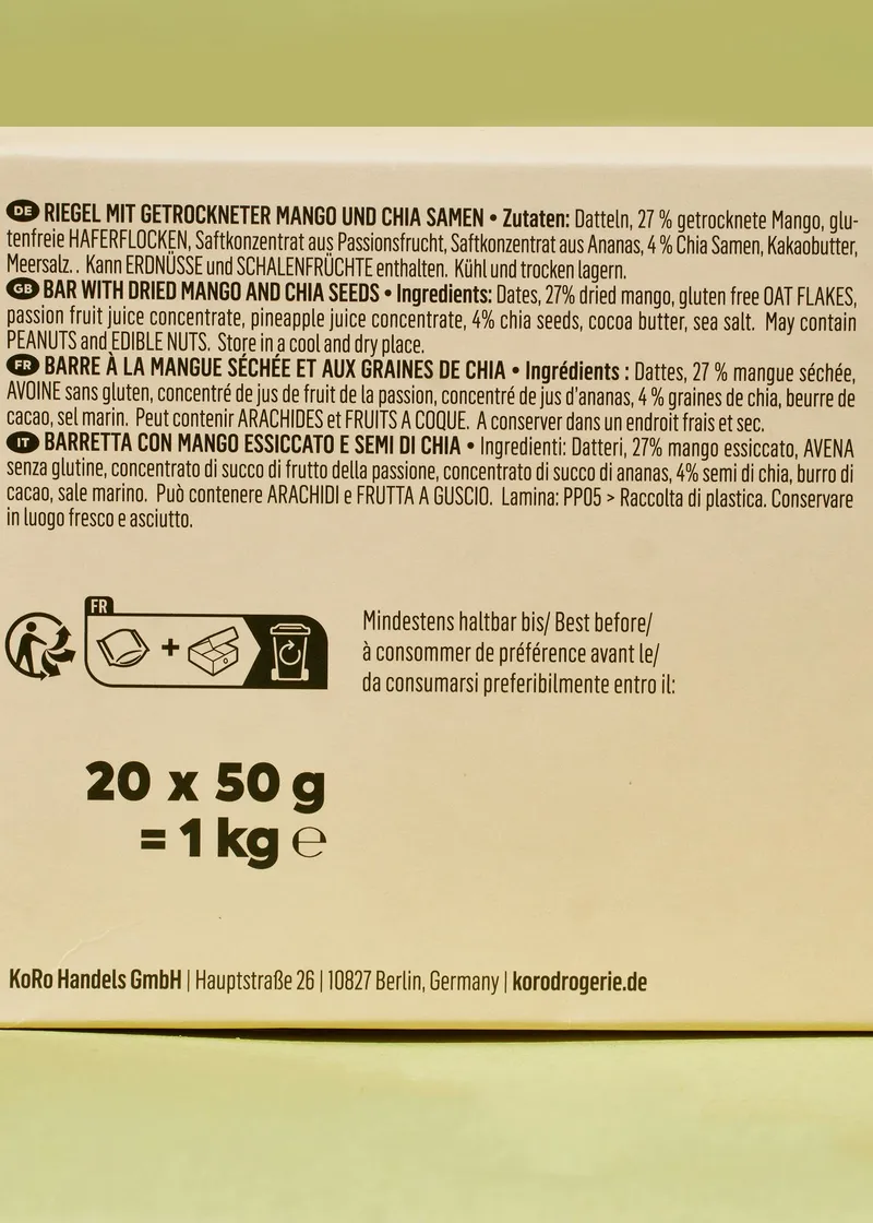KoRo Raw Bar Mango-Chia 20 x 50 g – Produktbild 5 von 5
