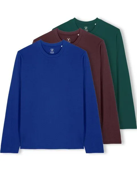 YTWOO YTWOO 3er Pack Unisex Basic Langarmshirts aus Bio-Baumwolle | Longsleeve | verschiedene Farbkombi | Mehrfachpack, Blau-rotbraun-grün, – Produktbild 1 von 3