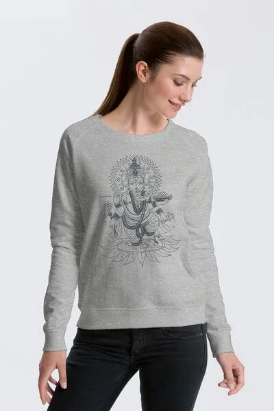 Peaces.bio - handbedruckte Biomode Peaces.bio - handbedruckte Biomode Bio Damen-Sweatshirt Ganesha, Hellgrau, – Produktbild 2 von 2