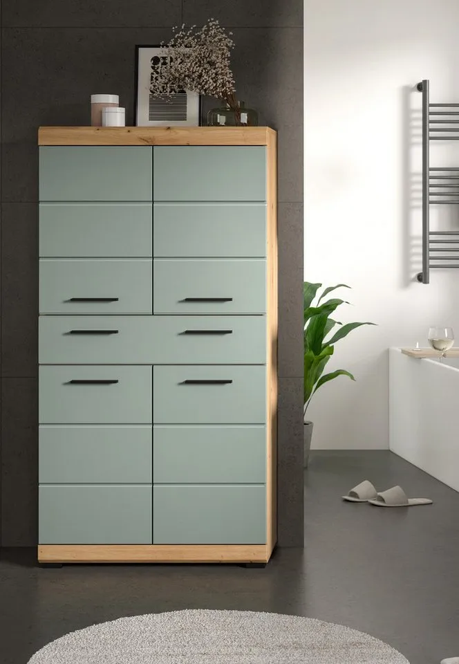 Inn.Furn Midischrank Shawn (Badschrank in Salbei und Artisan Eiche, 4-türig, 74 x 141 cm) mit viel Stauraum, Beige, – Produktbild 4 von 5