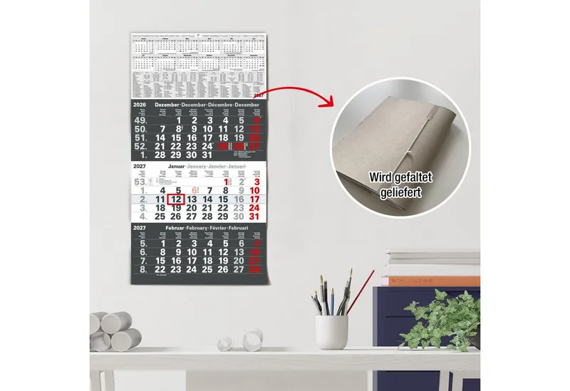 TOBJA Wandkalender 3 Monatskalender 2027 Anthrazit mit Datumsschieber 30x56 FSC, Anthrazit, Datumsschieber, Schulferien DE+AT, 4-sprachig, FSC, Schwarz, – Produktbild 4 von 5