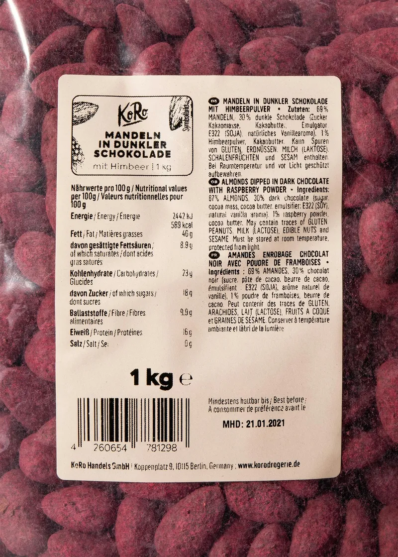 KoRo Skinny Dipped Mandeln in dunkler Schokolade mit Himbeerpulver 1 kg – Produktbild 4 von 5