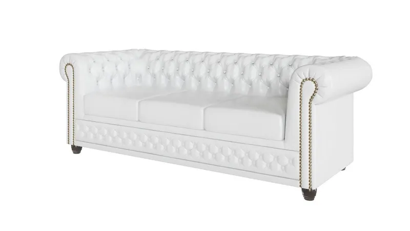 S-Style Möbel Chesterfield-Sofa Jeff 3-Sitzer aus veganem Leder mit Holzfüßen, Mit Wellenfederung, Weiß, – Produktbild 4 von 5