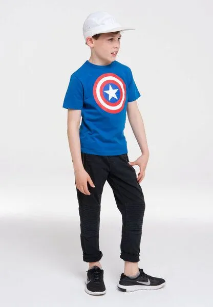 LOGOSH!RT LOGOSH!RT - Marvel - Captain America - Shield - Logo - Kinder - Bio T-Shirt, Azurblau, – Produktbild 2 von 4