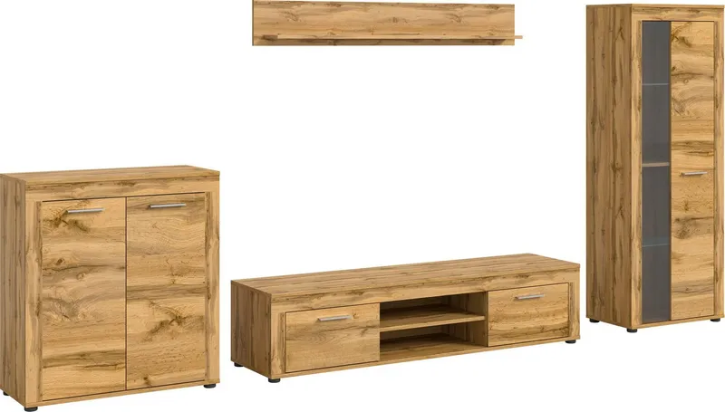 OTTO home Wohnwand AOSTA, Breite 330cm, 4-teilige Wohn-Kombination, (4-St., bestehend aus: Highboard, Lowboard, Wandboard, Vitrine), Wohnwand, Kombination, Anbauwand, Möbel Set, Schrankwand, Möbel Kombi, Braun, – Produktbild 2 von 5