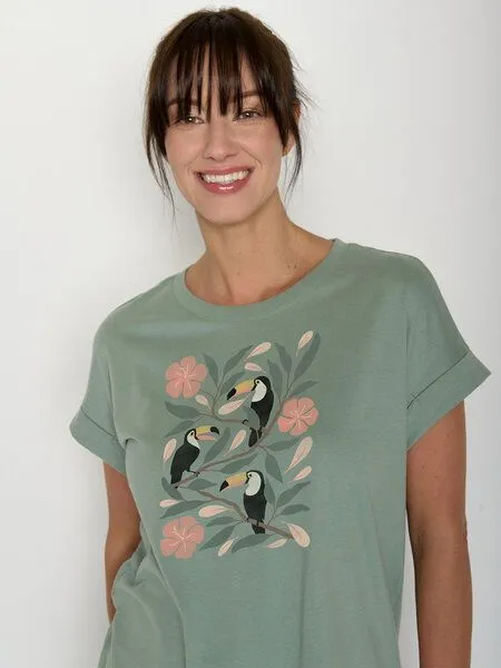 GreenBomb GREENBOMB Tucan Flower Loony - Sportliches T-Shirt aus Bio-Baumwolle mit Rollup Sleeve / hochwertiger Print / GOTS / Fair & Vegan, Grün (blassgrün), – Produktbild 2 von 4