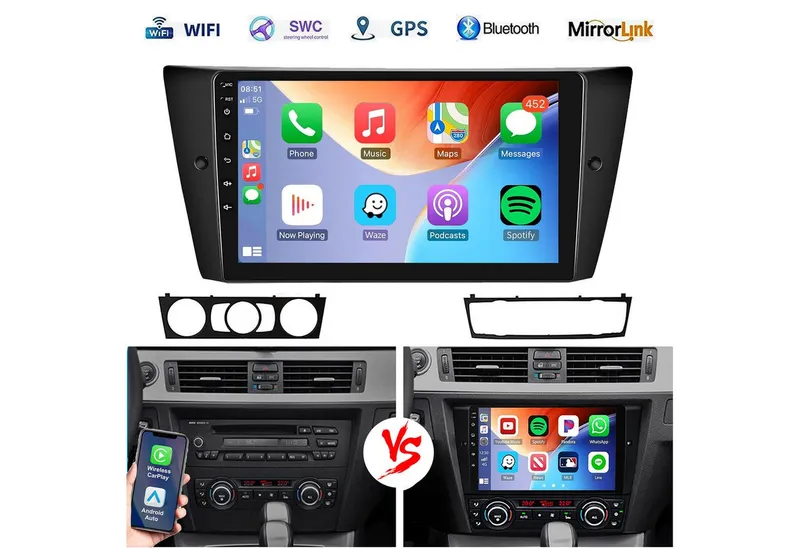 ESSGOO 9'' DAB+ Für BMW 3er E90 E91 E92 E93 Carplay Android15 GPS WIFI RDS BT Autoradio (RDS, 4+64GB(optional), Digitalradio (DAB), FM, GPS, WIFI, Carplay Android Auto Bluetooth EQ USB GPS Navi WIFI Touchscreen), Schwarz, – Produktbild 1 von 5