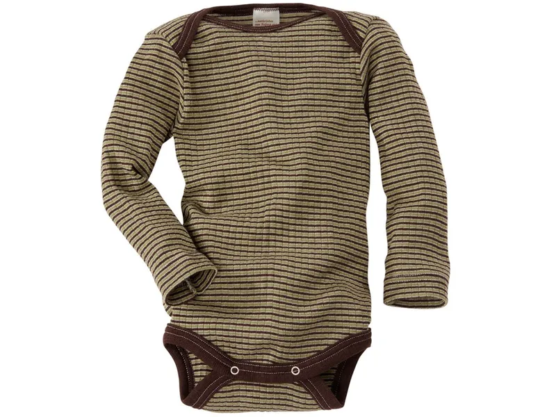 Cosilana Cosilana Baby Body Langarm Baumwolle-Wolle-Seide grün-braun-geringelt Gr.98/104, Grün, braun, – Produktbild 1 von 2