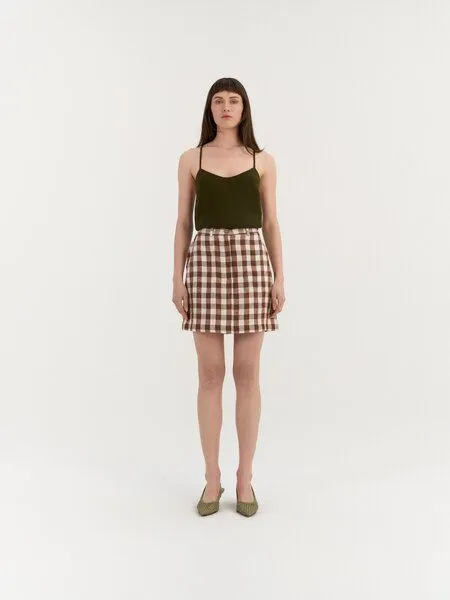 AmourLinen AmourLinen Mini-Leinenrock IVY, Mocha gingham (braun), – Produktbild 1 von 3