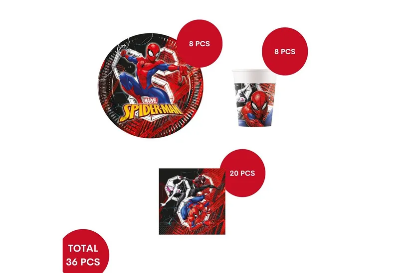 Procos Einweggeschirr-Set Spider-Man Partygeschirr Set 36-tlg Kindergeburtstag Spiderman Teller, 8 Personen, Bunt, – Produktbild 2 von 5
