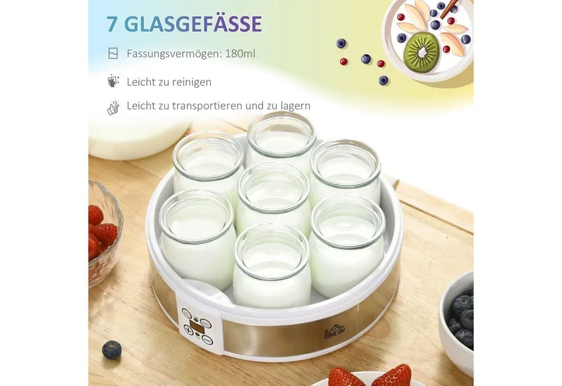 HOMCOM HOMCOM Joghurtbereiter Joghurtmaschine mit Timer, Joghurt-Maker mit Temperatur-Einstellung, 7 Portionsbehälter, je 180 ml, 7 Gläser à 180 ml, automatischer Abschaltung, 20 W, Weiß, – Produktbild 4 von 5