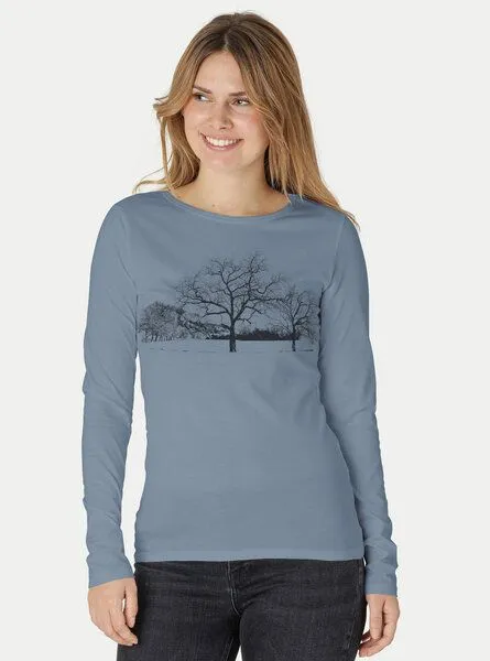 Peaces.bio - handbedruckte Biomode Peaces.bio - handbedruckte Biomode Damen Langarmshirt Landscape, Blaugrau, – Produktbild 1 von 2