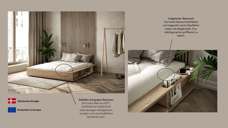 Karup Design Stauraumbett Ziggy Bed, Stauraumbett, FSC®-zertifiziertes Massivholz made in Europe (Erhältlich für Matratzen Breite 90, 120, 140, 160 oder 180 cm), mit 3 Ablagen, inklusive Lattenrost, ohne Matratze, mehrere Farben, Braun, – Produktbild 5 von 8