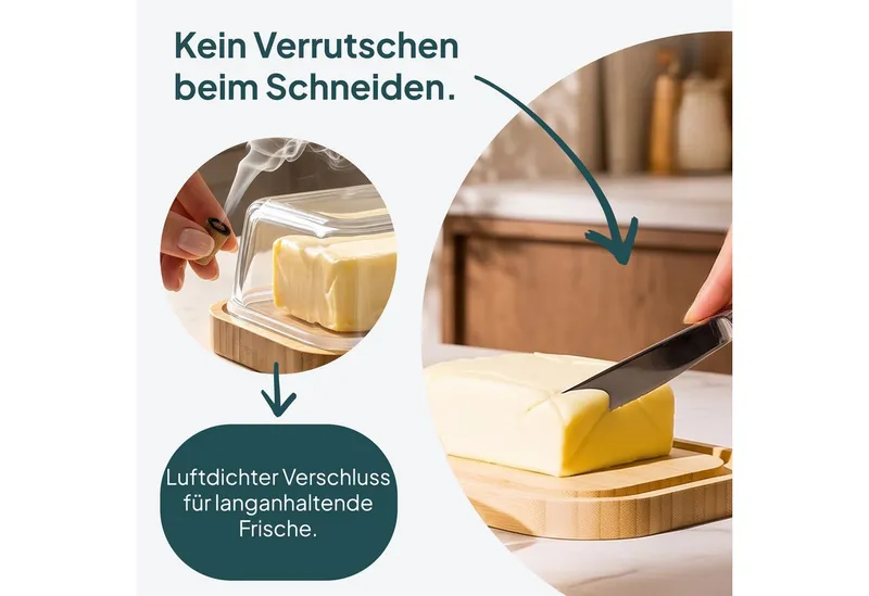 uandu home Butterdose Glas & Bambus – Borosilikat Glasdeckel, (mit FSC-zertifiziertem Bambusboden – Luftdichte Butterglocke für 250g Butter – Butterschale, Geschenkidee, Butter Box Dose, Butterbox), Beige, – Produktbild 3 von 5