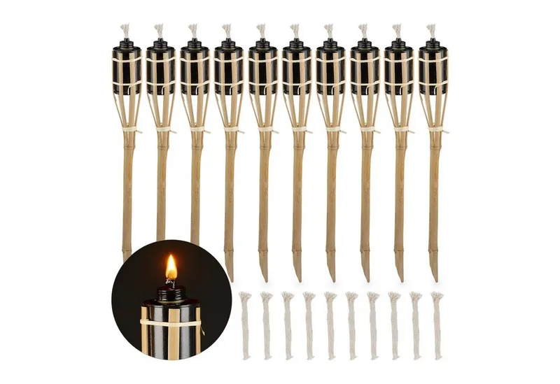 RELAXDAYS RELAXDAYS Gartenfackel 10er Set Gartenfackeln Bambus, Dekorative, stimmungsvolle Außenbeleuchtung für Garten und Events, Fackelöl, Gelblich-oranges Licht, Braun|schwarz, – Produktbild 1 von 5