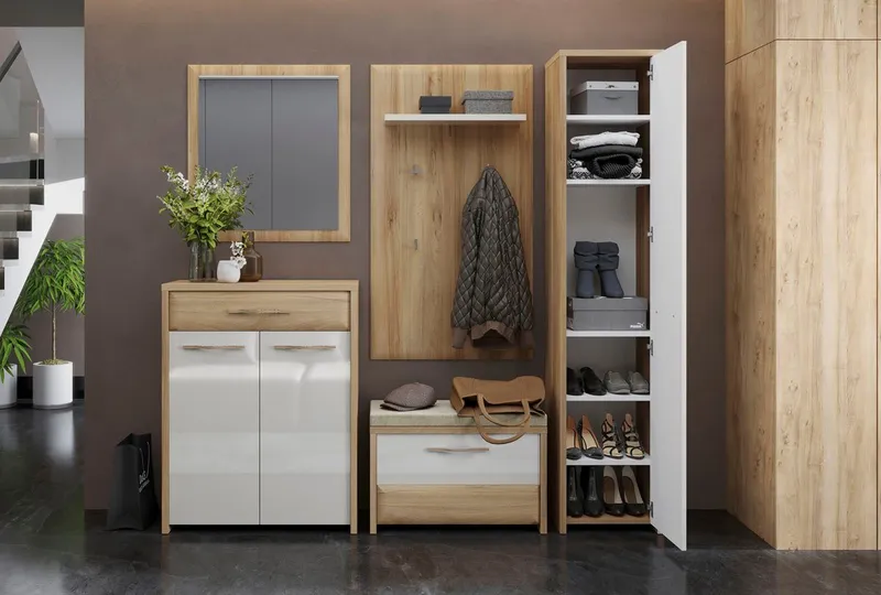 OTTO home Garderoben-Set Gala, (Set, 5-St., Garderobenschrank,Schuhschrank,Schuhbank,Garderobenpaneel,Wandspiegel), Soft-Close Funktion, Hochglanz UV lackiert, Beige|weiß, – Produktbild 7 von 8