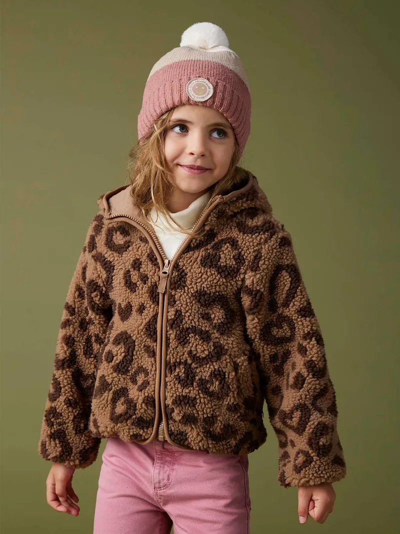 Vertbaudet Vertbaudet Übergangsjacke aus Teddyfleece mit Kapuze und Leopardenmuster Mädchen, Braun bedruckt, – Produktbild 1 von 4