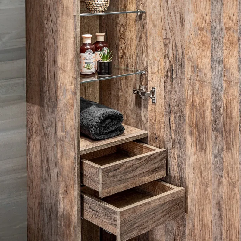 Lomadox Hochschrank PUEBLA-56 Badmöbel Vintage Oak Eiche, 2 Türen, B/H/T: 35/160/33 cm, Braun, – Produktbild 2 von 5