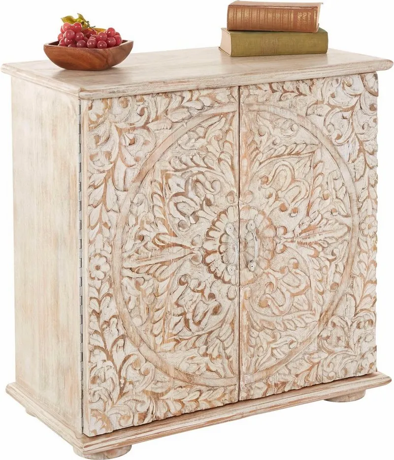 OTTO home Kommode Salim Sideboard handgefertigt, 2 Türen und dekorative Schnitzereien, Fronten mit individuellen Schnitzereien und Bügelgriffe aus Metall, Beige, – Produktbild 2 von 5