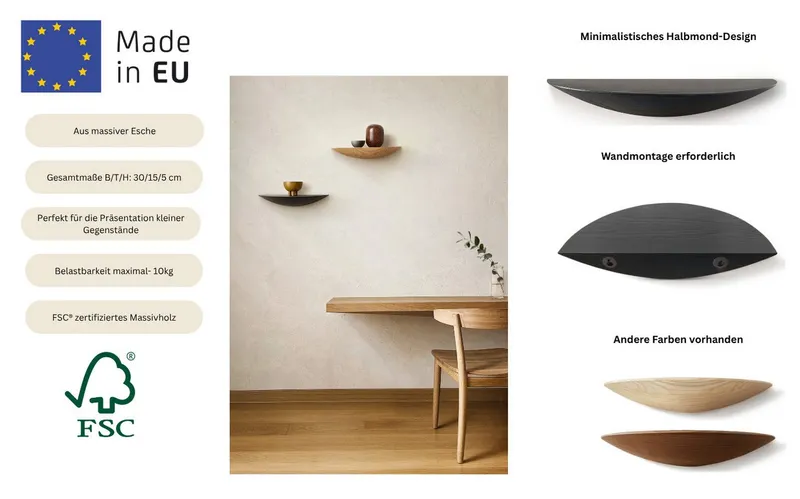 Home affaire Wandregal Drop, Regal, Wandboard, Ablage, 1-tlg., Breite 30 cm, Massivholz, FSC®-zertifiziert, Schwarz, – Produktbild 1 von 5