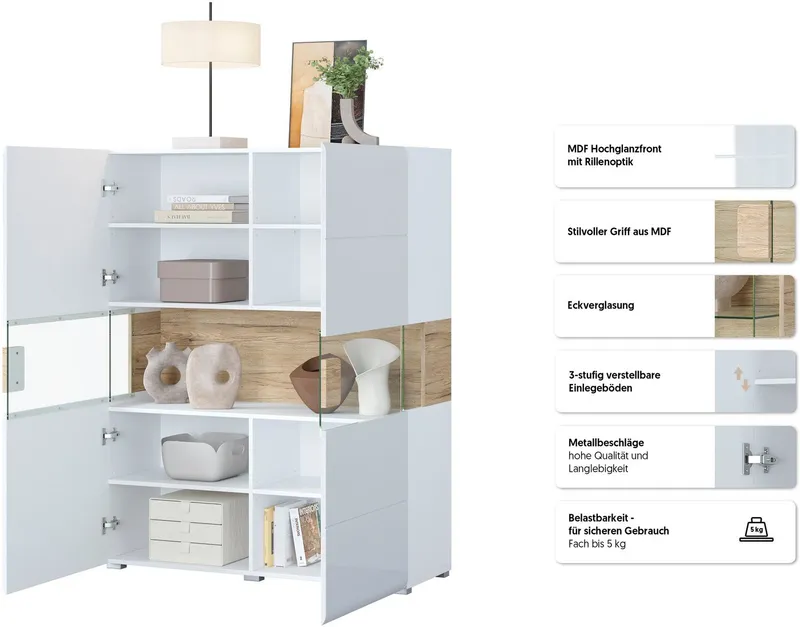 OTTO home Highboard Toledo,Breite 121,5 cm, trendige Hochkommode mit 2 Türen, Hochschrank mit Glas-Partien,stylische Hochglanzfronten, Weiß, – Produktbild 1 von 8