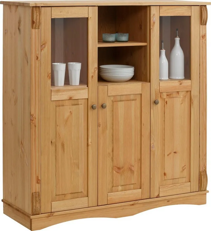 OTTO home Highboard Teresa (Maße (B/T/H): 119/40/120 cm), Vitrine, Türen mit Glaseinsätzen, aus massiver Kiefer, FSC®, Beige, – Produktbild 2 von 4
