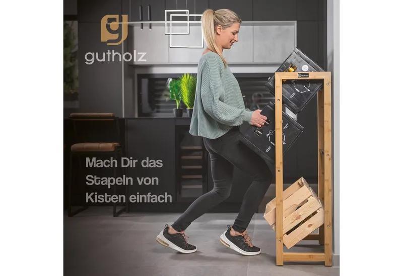 gutholz Standregal Getränkekistenregal aus Bambus & Edelstahl für 3 Kisten, Schwarz, – Produktbild 1 von 5