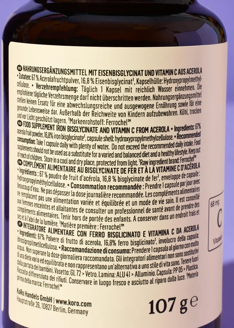 KoRo Eisenbisglycinat + Vitamin C aus Acerola Kapseln 180 Stück – Produktbild 3 von 5