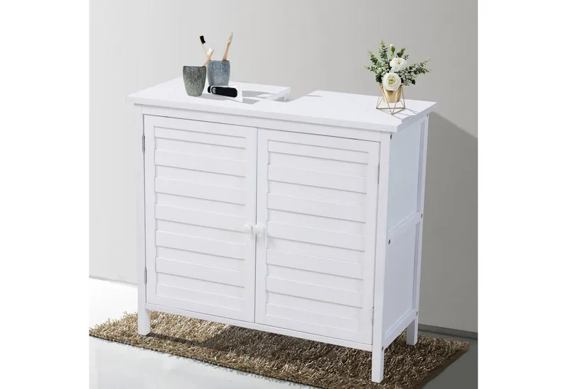 SVITA Waschbeckenunterschrank BAMBUS, Siphonausschnitt, 2 Türen, Magnetverschluss, Ablage, Farbwahl Badezimmerschrank, Bambus, Weiß, 67 x 28 x 60 cm, Weiß, – Produktbild 3 von 5