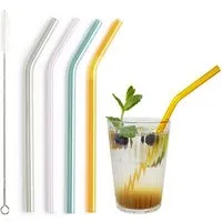 Contento Contento Glastrinkhalm bunt 21 cm lang, gebogen, 4 Stück auf Geschenkkarte, mit Reinigungsbürste – Produktbild 1 von 1