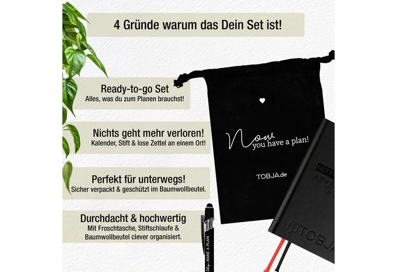 TOBJA Taschenkalender Taschenkalender 2027 A6 Schwarz Set mit Stift, Pen-Loop und Beutel, Zubehör-Set, Froschtasche, Pen-Loop, Touch-Stift, FSC-Hardcover, Schwarz, – Produktbild 2 von 5