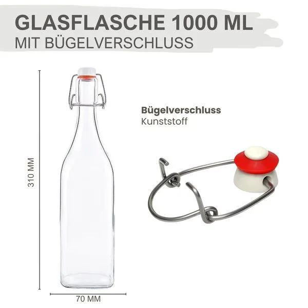 mikken mikken 6er Set Glasflasche eckig mit Bügelverschluss 1000 ml Bügelflasche – Produktbild 4 von 4