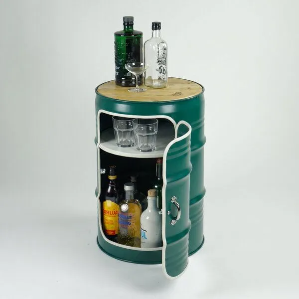 Lockengelöt Lockengelöt Minibar mit Tür aus einem kleinen Ölfass, Moosgrün (gepulvert), – Produktbild 4 von 4