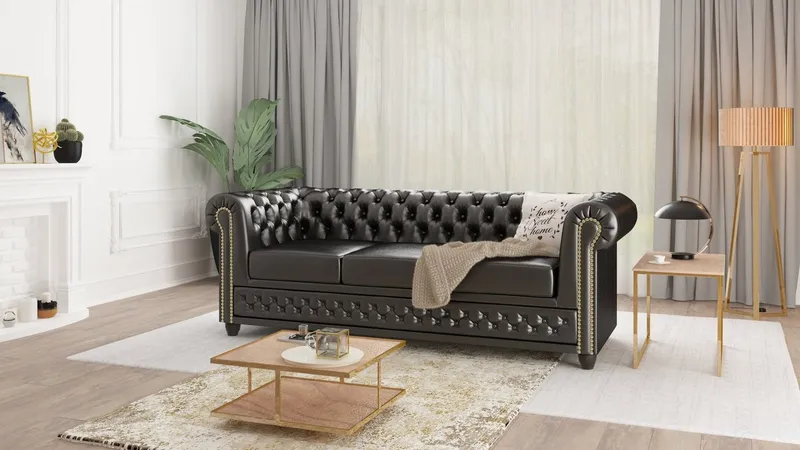 S-Style Möbel Polstergarnitur Chesterfield Jeff 3+2+1 aus veganem Leder mit Holzfüßen, (1x 3-Sitzer-Sofa, 1x 2-Sitzer-Sofa, 1x Sessel), mit Wellenfederung, Schwarz, – Produktbild 3 von 4