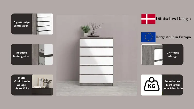 Home affaire Kommode Naia - 5 Schubladen & grifflose Front, Made in Denmark (Breite 77 cm / Höhe 111 cm, in mehreren Farben), Modern, skandinavisches Design, in mehrere Farben, Hoch, Grau, – Produktbild 3 von 5