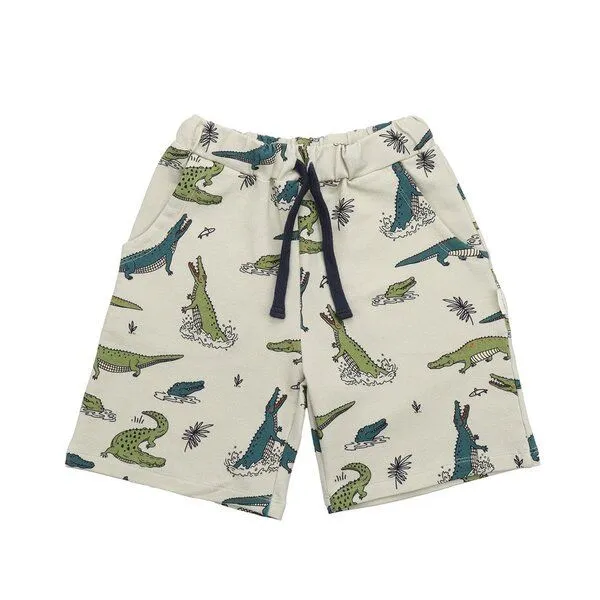 Walkiddy Walkiddy Kinder Shorts GOTS-zertifiziert aus Bio-Baumwolle hellbeige mit Krokodil-Motiv, Blau, – Produktbild 1 von 3
