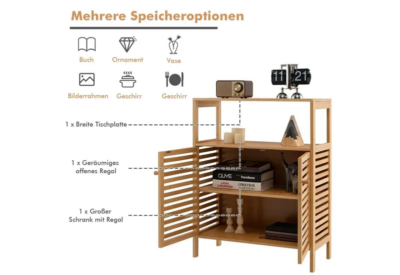 COSTWAY COSTWAY Badkommode, Bambus,abnehmbares Regal,Lamellentüren, 64x27,5x80cm, Beige, – Produktbild 3 von 5