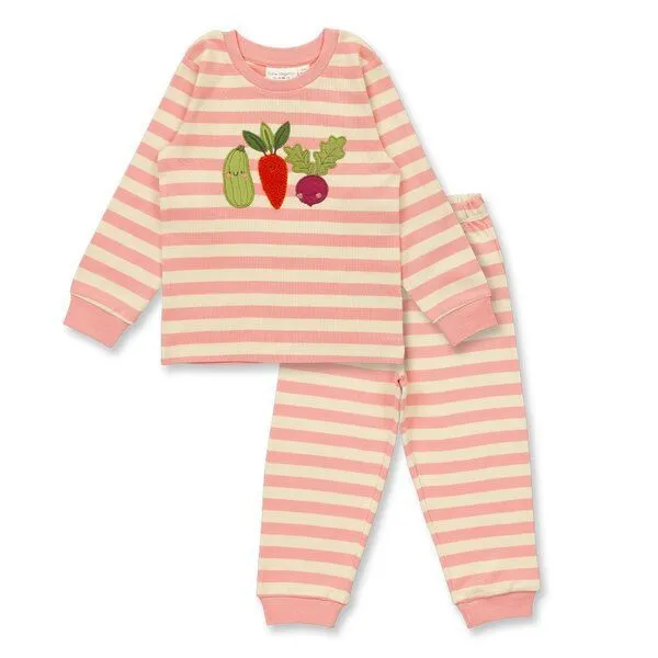 Sense Organics Sense Organics Kinder Schlafanzug, Modell LONG JOHN, Korallenrosa-weß geringelt mit gemüse-applikation, – Produktbild 1 von 4