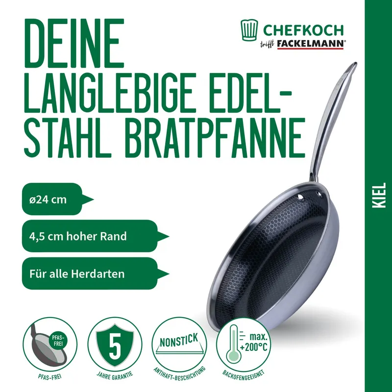 Chefkoch trifft Fackelmann Chefkoch trifft Fackelmann Bratpfanne Kiel, Edelstahl, antihaft, Wabenboden, Ø24cm – Produktbild 3 von 3