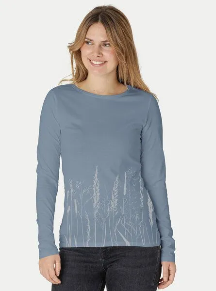 Peaces.bio - handbedruckte Biomode Peaces.bio - handbedruckte Biomode Bio-Damen-Langarmshirt Gräservielfalt, Blaugrau, – Produktbild 1 von 2