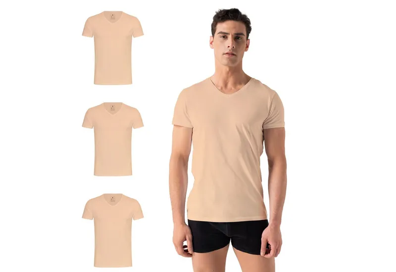 Burnell & Son Burnell & Son Unterhemd T-Shirt Business mit Kurzarm und V-Ausschnitt für Herren aus Baumwolle (Packung, Set, Spar-Pack, Spar-Packung, 3-St., 3er Pack) Feinripp, extra lang - Basic Slim Fit, Beige, – Produktbild 1 von 5