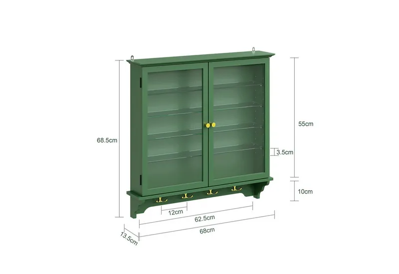 SoBuy Hängevitrine FSB114-E, Wandvitrine mit Sensor-LED-Licht, schmaler Hängeschrank (1er Set) Sammlervitrine mit 2 Glastüren, 4 verstellbaren Glasböden und 4 Haken, Grün, – Produktbild 1 von 5