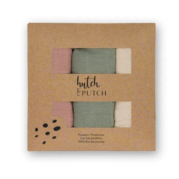 Hutch&Putch Hutch&Putch 3er-Set Musselin-Mulltuch aus Bio-Baumwolle in 60x60cm • einfarbige Mulltücher, Rosa/salbeigrün/cremeweiß, – Produktbild 1 von 3